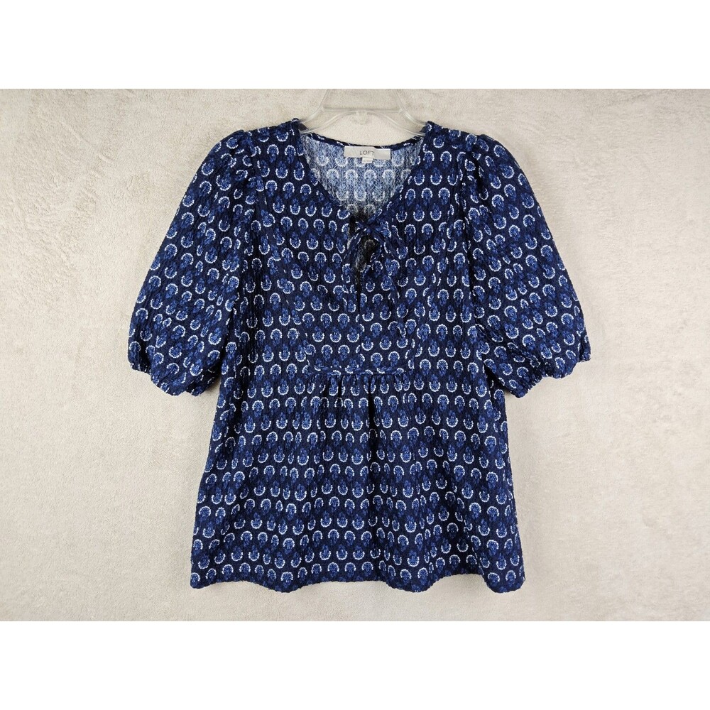 LOFT Women's Short Sleeve Tie Neck Crinkle Blouse Top Size M